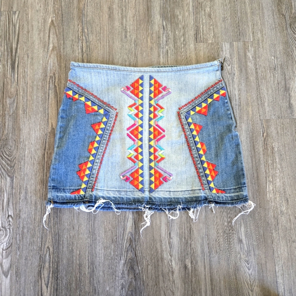 Free People Denim Mini Skirt with Multicolor Geometric Design